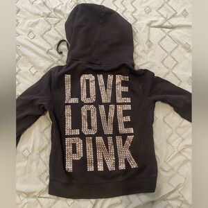 PINK rhinestone black zip up hoodie size medium